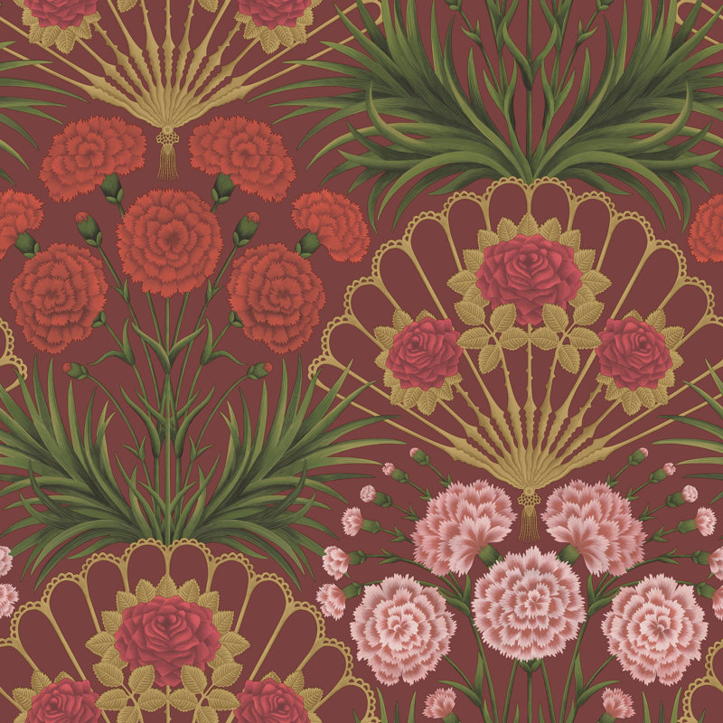 Floral Wallpaper Roll, Rose/Bright Rouge/Matte Gold/Crimson