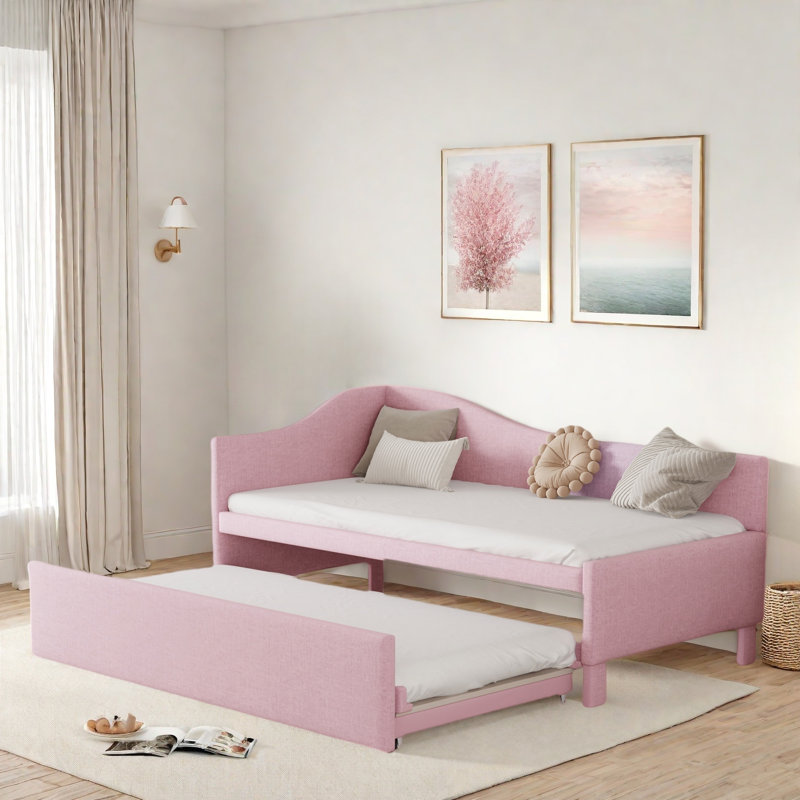 Upholstered L-shaped Upholstered Daybed With Pop Up Trundle, Pink