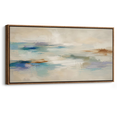 Art mural très grand, abstrait, bleu turquoise, beige, coup de pinceau contemporain, abstrait