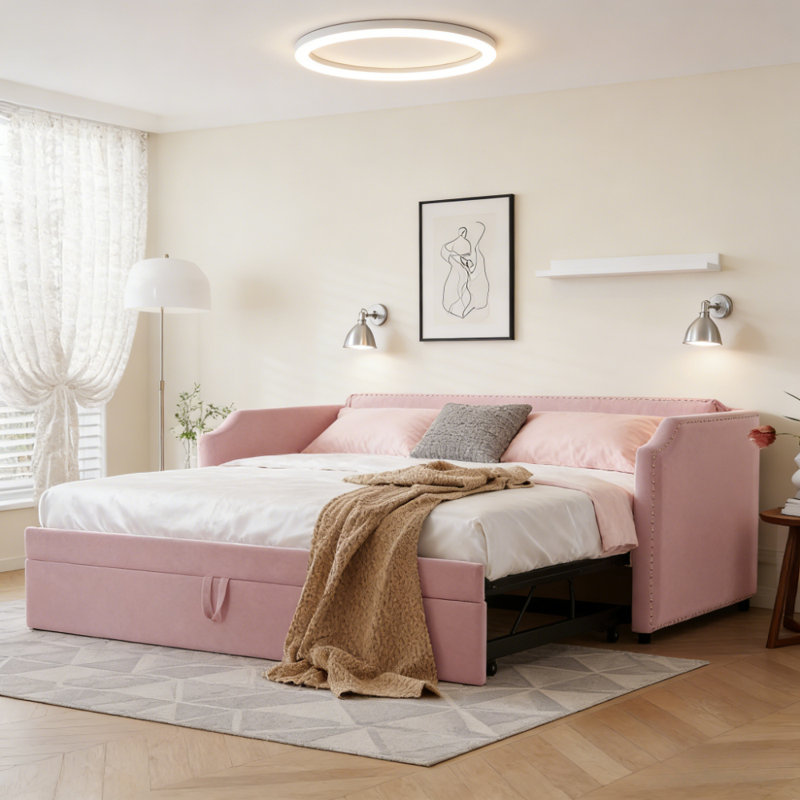 Lit de jour simple en velours rembourré avec lit gigogne, Rose
