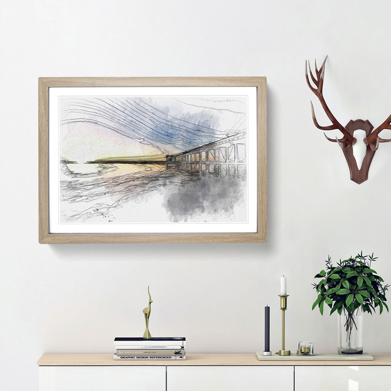 Pier in San Diego Sketch - Picture Frame Graphic Art Print, Oak Framed, 40cm H x 60cm W x 2cm D