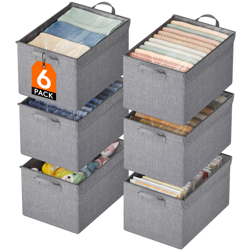 Fabric Storage Boxes 6 Pcs, Stackable Storage Bins With Clear Lids, Foldable Oxford Cloth Cube Closet Organizer Baskets, Clothes Containers For Towels, Blankets, Books, Light Grey-medium