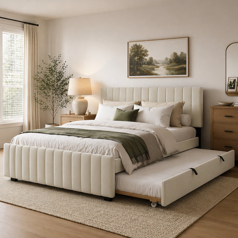 Grand lit plateforme tapissier en velours avec très grand lit simple, Beige
