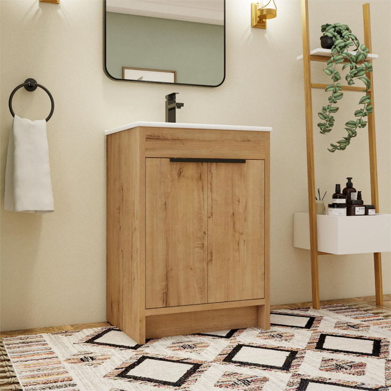 Baelynn 24" American Traditional Freestanding Single Bathroom Vanity with Ceramic Top, White, Imitative Oak