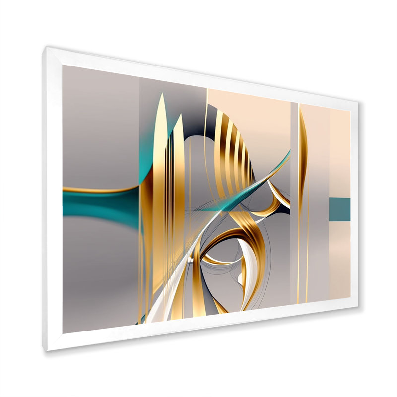 «Minimal Gold Abstraction On Turquoise Horizon I», art mural fractales, Cadre simple blanc, H 24 po x l 32 po x P 1 po