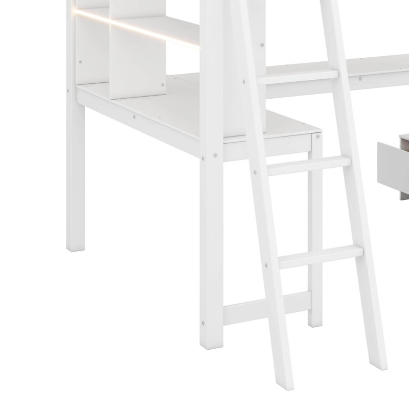 Lit mezzanine double avec bureau en L multi-rangement, lumière DEL et station de charge USB, banc de rangement avec tiroirs