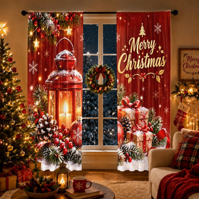 2Pcs Christmas Lantern Snow Scene Curtains, Vintage Floral Merry Christmas Rod Pocket Light Filtering Window Drapes for Living Room Bedroom Kitchen Festive Decorations, Holiday Decor