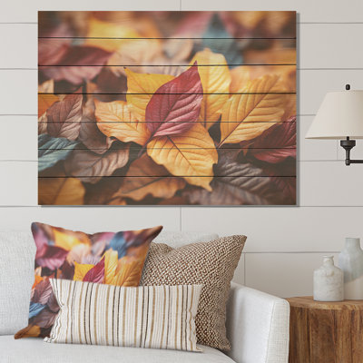 Orange Autumn Maple Leaves II - Tree Maple On Wood Print