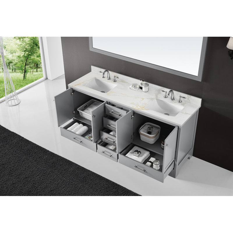 Meuble-lavabo 72 po Claristine avec comptoir en quartz et trou pour lavabo, Blanc / gris / veine dorée, Gris
