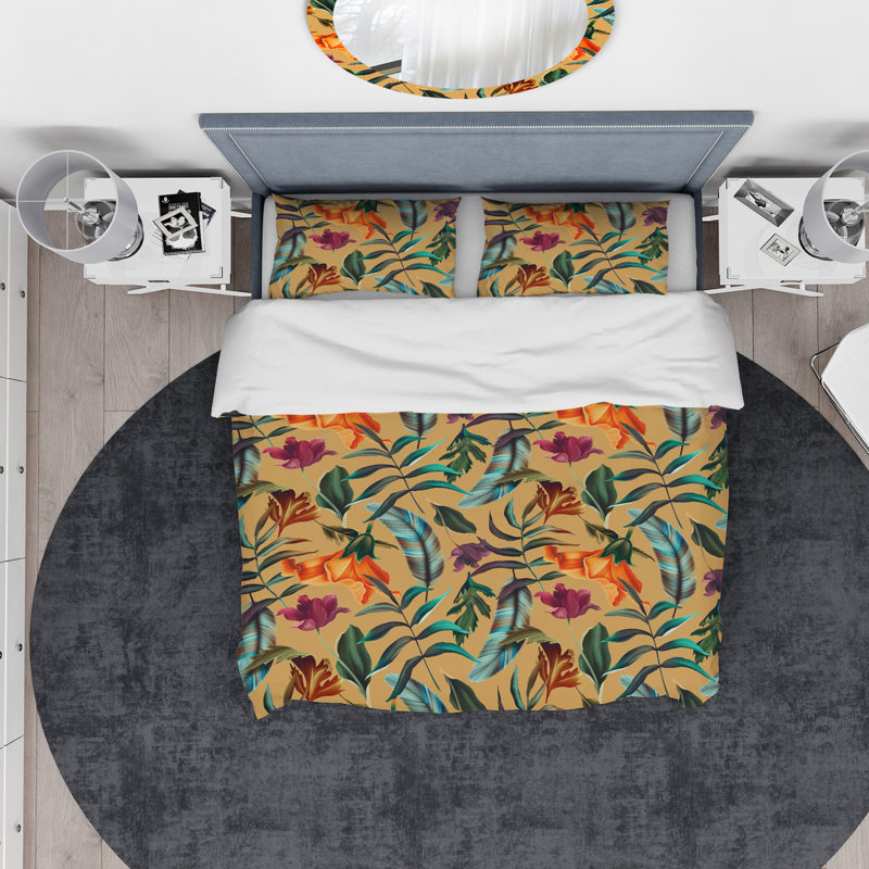 Ensemble de housse de couette à fleurs et plumes rétro designart, Housse de couette très grand + 2 taies décoratives