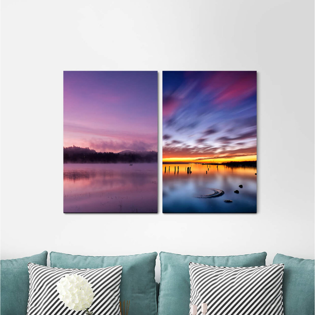 2-tlg. Leinwandbilder-Set - Grafikdruck „Lake Horizon Pink Sunset Evening Red Sky Clouds”