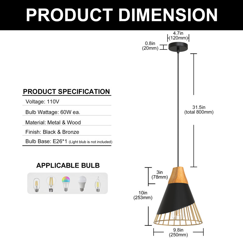 Luminaire suspendu conique en métal à 1 lumière avec texture de bois, Black