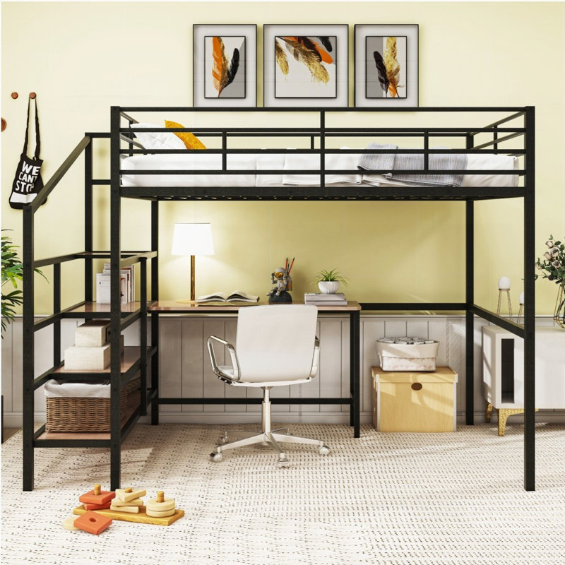 Lit mezzanine double en métal avec bureau et échelle de rangement, noir (aucun sommier requis, robuste et spacieux), Noir