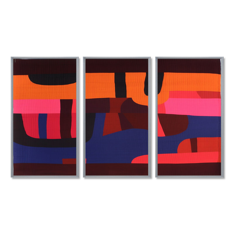 Midnight Melody Retro 70S Mauve orange II - ensemble d'art mural abstrait, H 28 po x l 36 po x P 1 po, Encadrement argenté