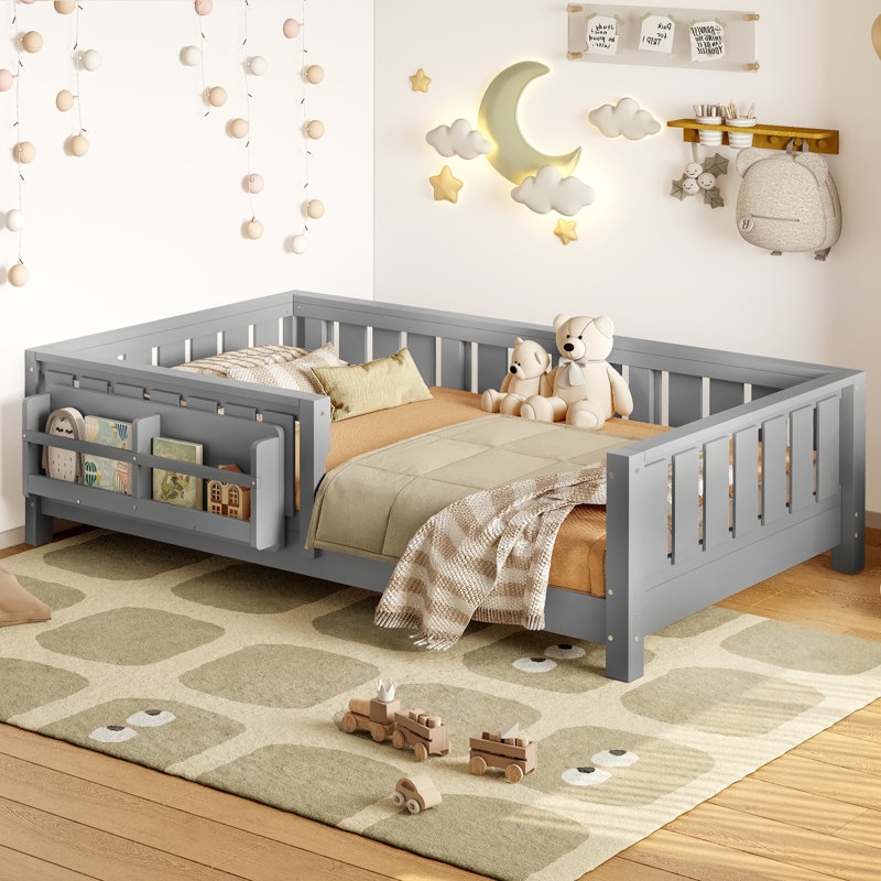 Twin Bed with Built-in Bookshelf, Safety Guardrail & Low-Profile Floor Design,Gray, Gray, Twin