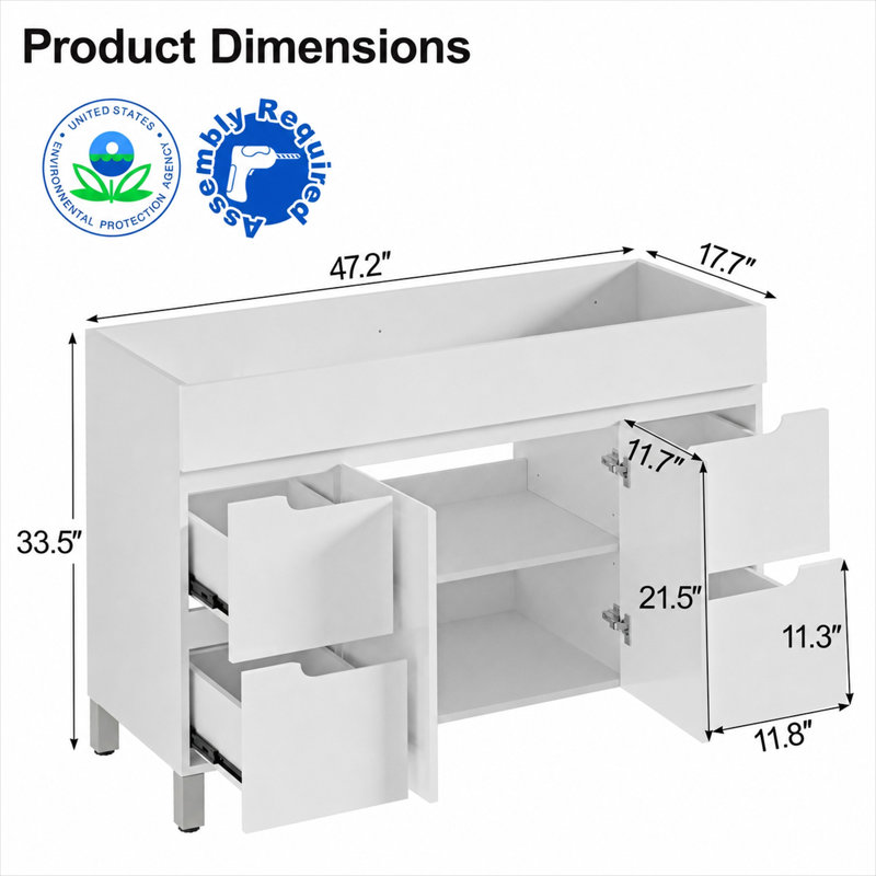 Meuble-lavabo simple moderne de 122 cm (48 po) au fini lustré, lavabo non incluse.