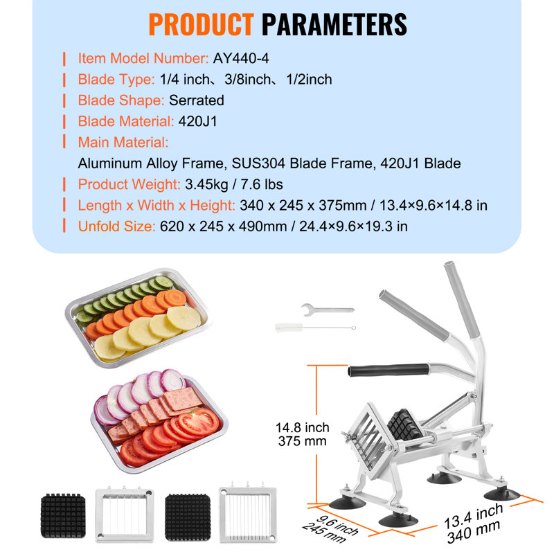 Trancheuse à légumes professionnelle, trancheuse à fruits et légumes 1/4" + 3/8" + 1/2", en acier inoxydable et alliage d'aluminium, trancheuse manuelle avec pieds antidérapants, idéale pour les oignons, les pommes de terre et les radis.