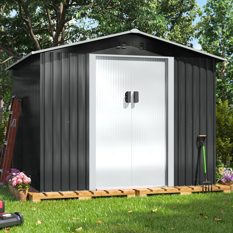 Metal Storage Tool Shed Outdoor Storage Shed With Sliding Doors and Vents, White, 70.3" H x 101.2" W x 100.4" D