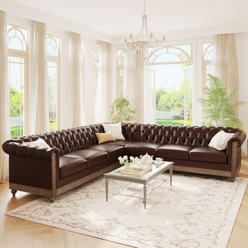 Grand canapé modulaire confortable avec pieds en bois Mirod, Simili cuir brun foncé