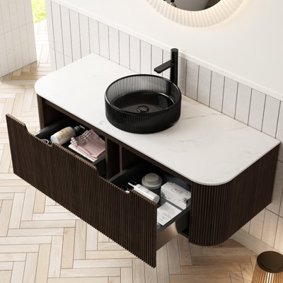 Meuble-lavabo de 48 po avec lavabo rond en verre noir transparent, rebords courbés de l'armoire, finition noyer foncé, lavabo 48 po facile à installer, 2 tiroirs en cristal, grain de bois, rangement spacieux, système de fermeture en douceur