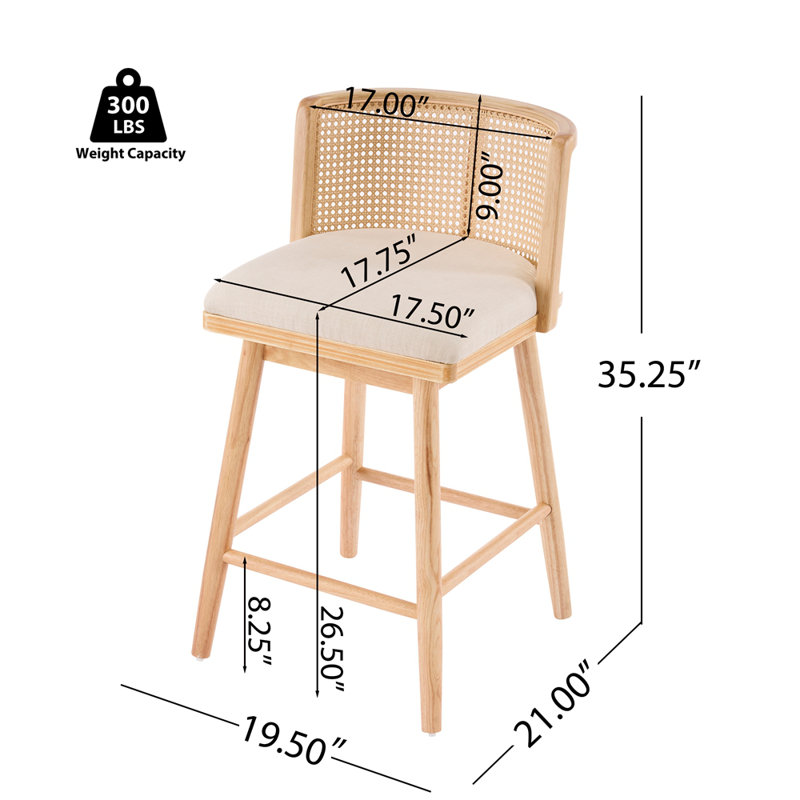 Talia Indoor Upholstered Wooden Counter Stool, Bar Chair, Natural Finish Frame with Beige Upholstery, Set of 2, Natural
