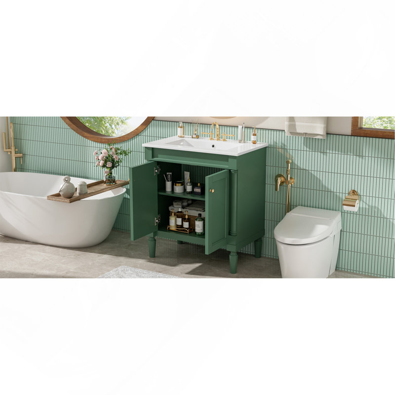 Armoire de meuble-lavabo 30 po avec lavabo en céramique, 30 po, armoire de rangement avec portes à fermeture douce et pieds en bois massif