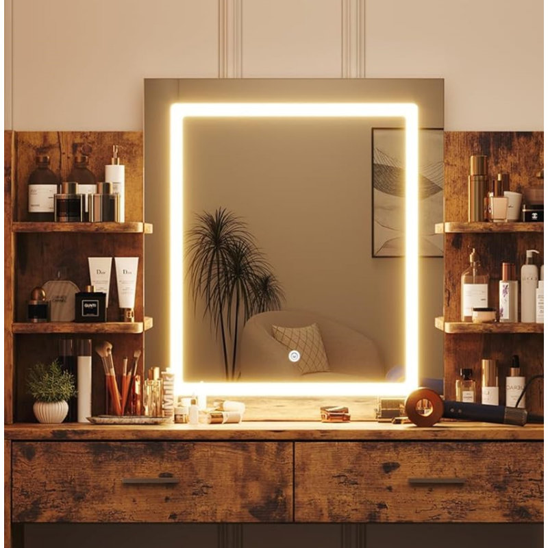 Vanity Desk With Lighting Mirror And Power Outlet, Makeup Vanity Set With Stool, Vanity Table With 6 Storage Shelves, 2 Large Drawers, 3 Color Adjustable Brightness