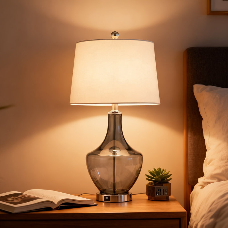 Lampe de table en verre de 66 cm de hauteur, à intensité variable (3 niveaux), avec port USB, idéale pour la chambre ou la table de chevet.