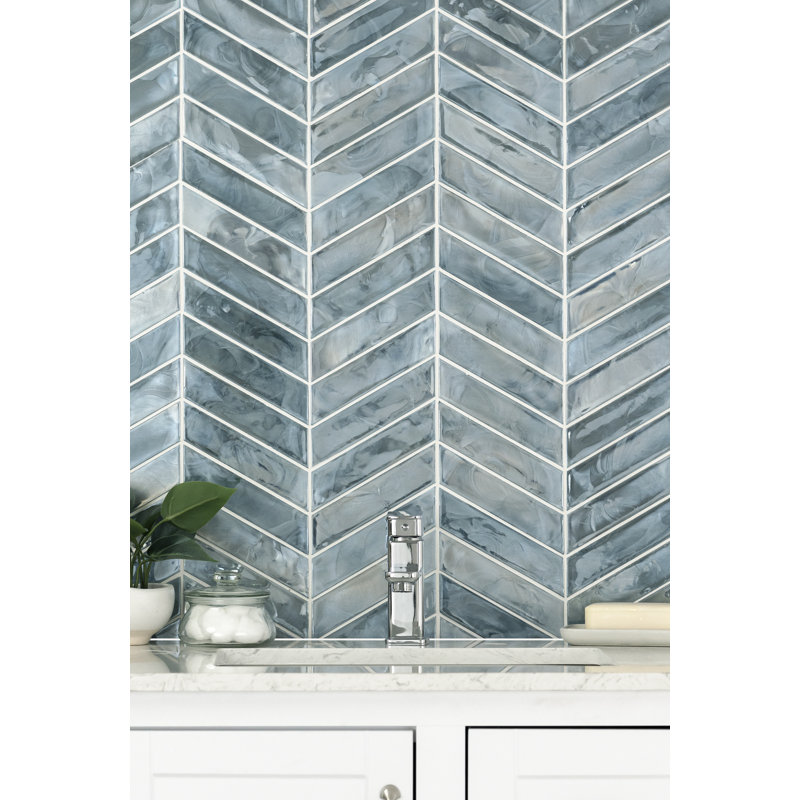 Midnight Tide Chevron 10 in. x 12 in. Glossy Glass Mosaic Wall Tile