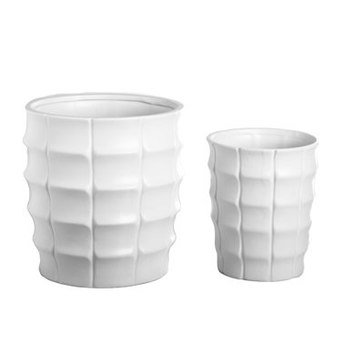 Ceramic Round Pot with Embossed Layered Stacking Pattern Design Body on Tapered Bottom Base Set of Two Matte Finish White..9.50"x9.50"x10.00"H; 6.75"x6.75"x8.00"H