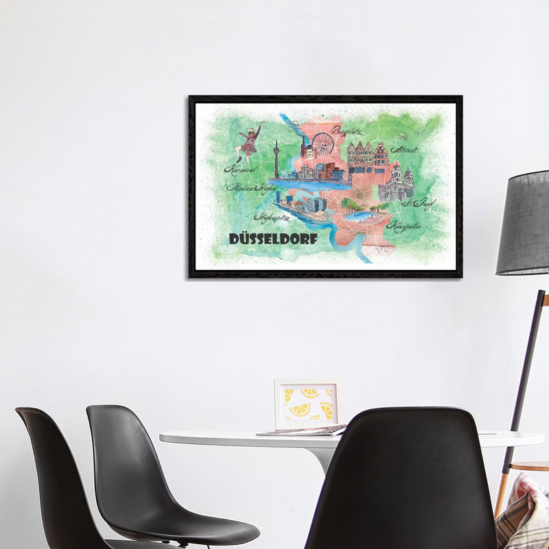 Dusseldorf Germany Illustrated Mapab by Markus & Martina Bleichner - Painting on Canvas, Black Floater Framed