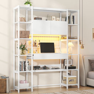  Bureau à domicile 70,87 "avec bibliothèque et éclairage à DEL et prises intégrées, bureau d'ordinateur avec tiroir et tablettes et armoires de rangement, bureau d'écriture avec huche pour bureau personnel, blanc
