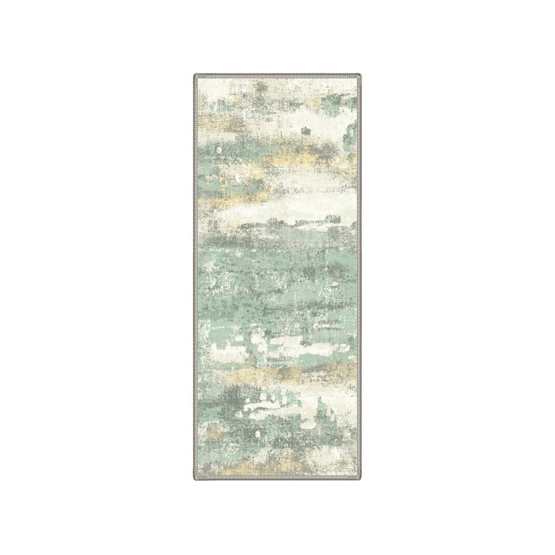 Brush Strokes Abstract Machine Washable Sage / Beige Indoor Area Rug With Non-Slip Backing, Runner 2'3" x 6'