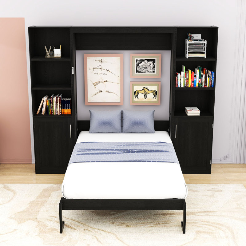 Grand lit escamotable en bois avec tablettes de rangement multifonctionnelles, Noir