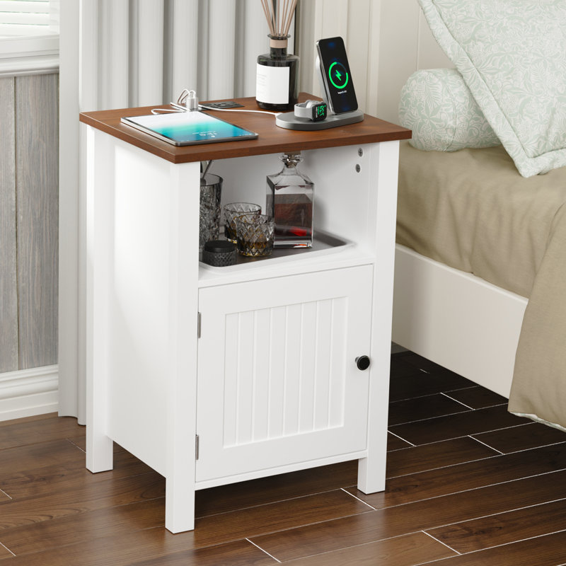 Farmhouse Nightstand Set Of 2, Night Stand With Charging Station And Usb Port, Modern Nightstand With Storage Shelf, Rustic Side Table With Open Space, Side Table For Bedroom, White