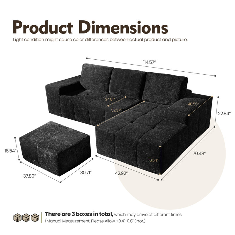 114.5''  L-Shaped Cloud Sectional Sofa with Chaise & Ottoman, Right Hand Facing, Gray