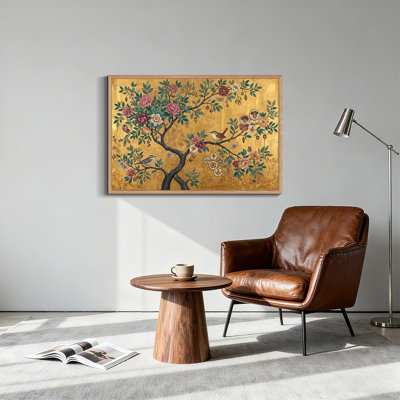 Pink and White Flowering Tree with Birds on Gold Background Canvas Wall Art