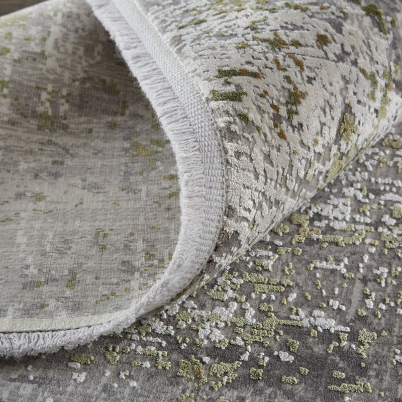 Tapis vert / gris / ivoire à motif abstrait décontracté Basalt, Rectangle 11 pi 6 po x 14 pi 6 po