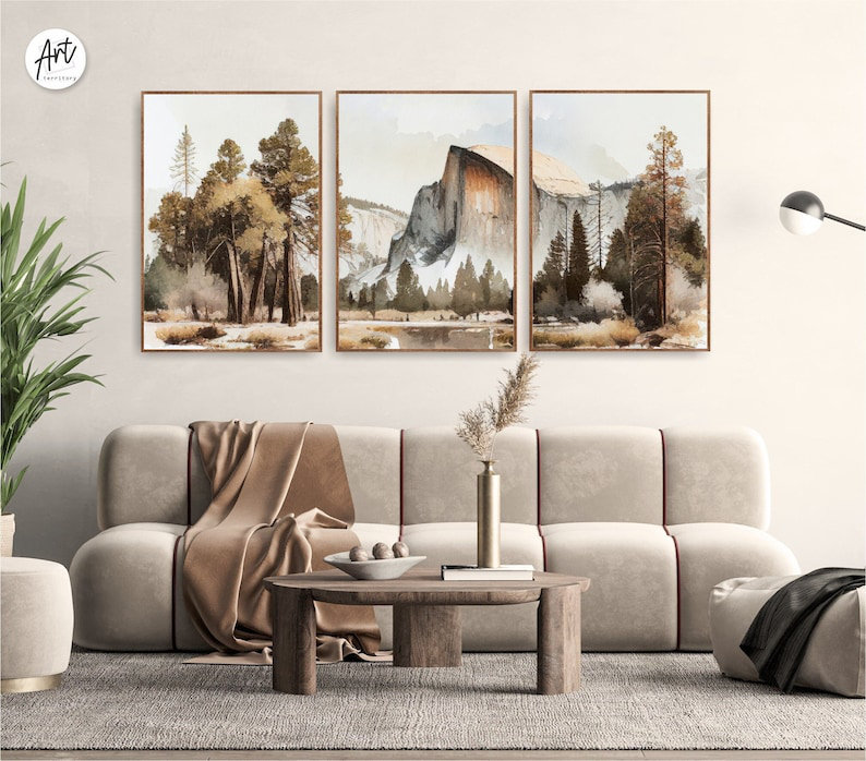 Parc national de Yosemite, ensemble de 3 aquarelles, montagnes, Toile tendue, H 20 po x l 48 po x P 0,75 po