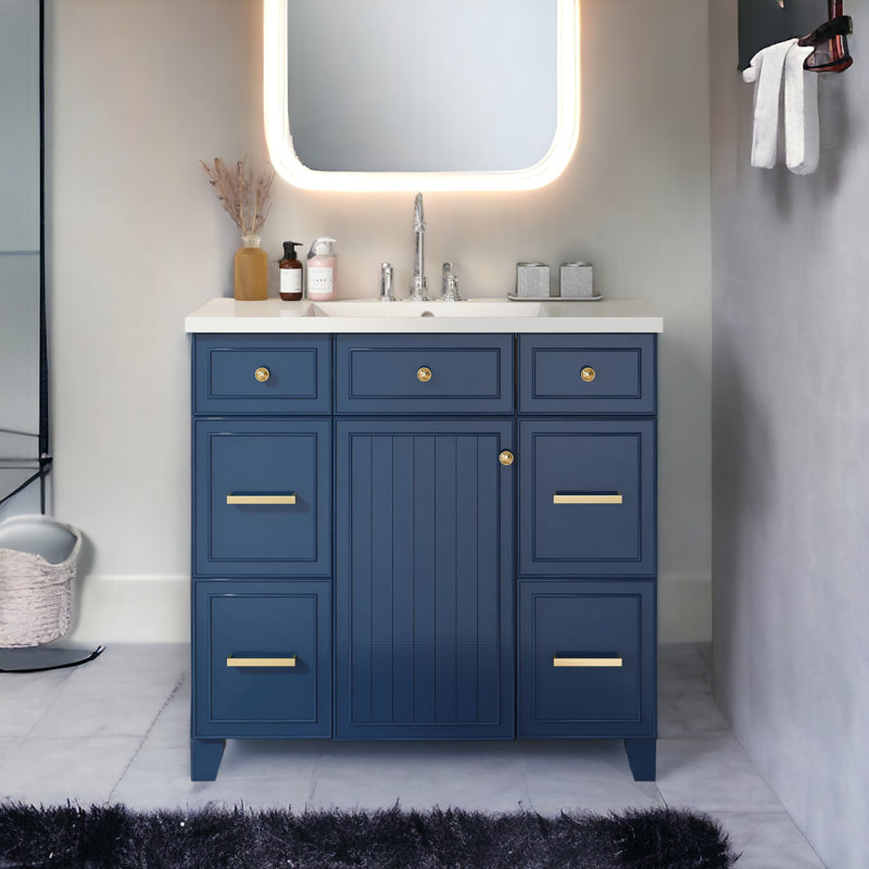 36'' Single Bathroom Vanity with Resin Top, Navy Blue, Gold