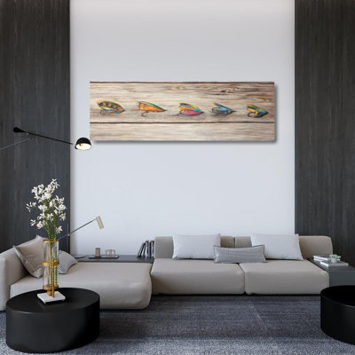 Gracie Oaks Atelier B Art Studio Gallery Wrapped Canvas Art Titled: Fishing Flies with Wood Background