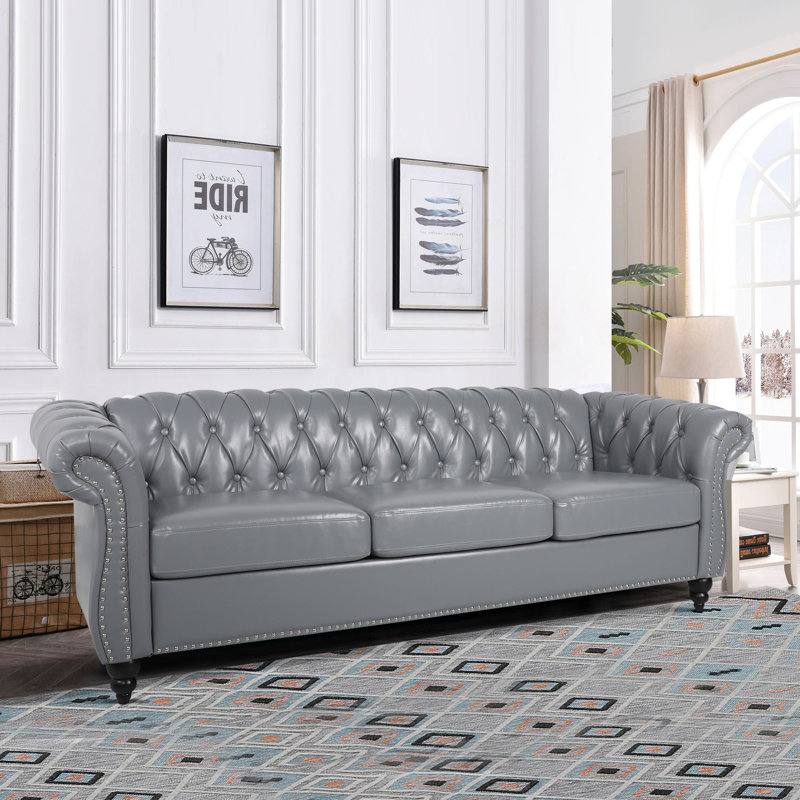 Deaneen 83.85'' Faux Leather Rolled Arms Chesterfield Sofa, Gray Faux Leather