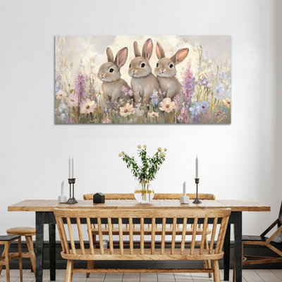  Spring Easter Bunny Wall Art, Spring Easter Bunny Pictures Wall Decor, Spring Flower and Rabbit Pictures Wall Decor, Easter Prints for Living Room Bedroom Kids Room Nursery Ready To Hang 20" × 40"