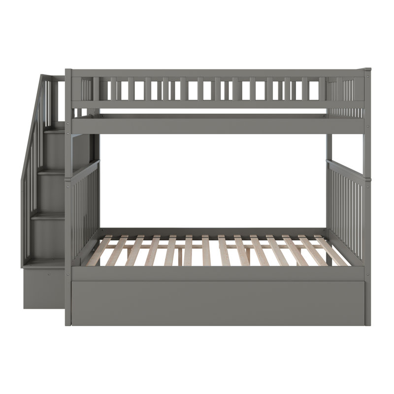 Ilariana Wood Bunk Bed with Staircase and Trundle, Gray, Full Over Full