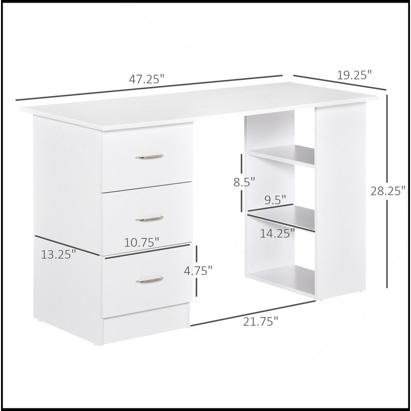 47" Modern Home Office Computer Desk Bookcase Combo Writing Table Workstation With 3 Drawer And Storage Shelf - White