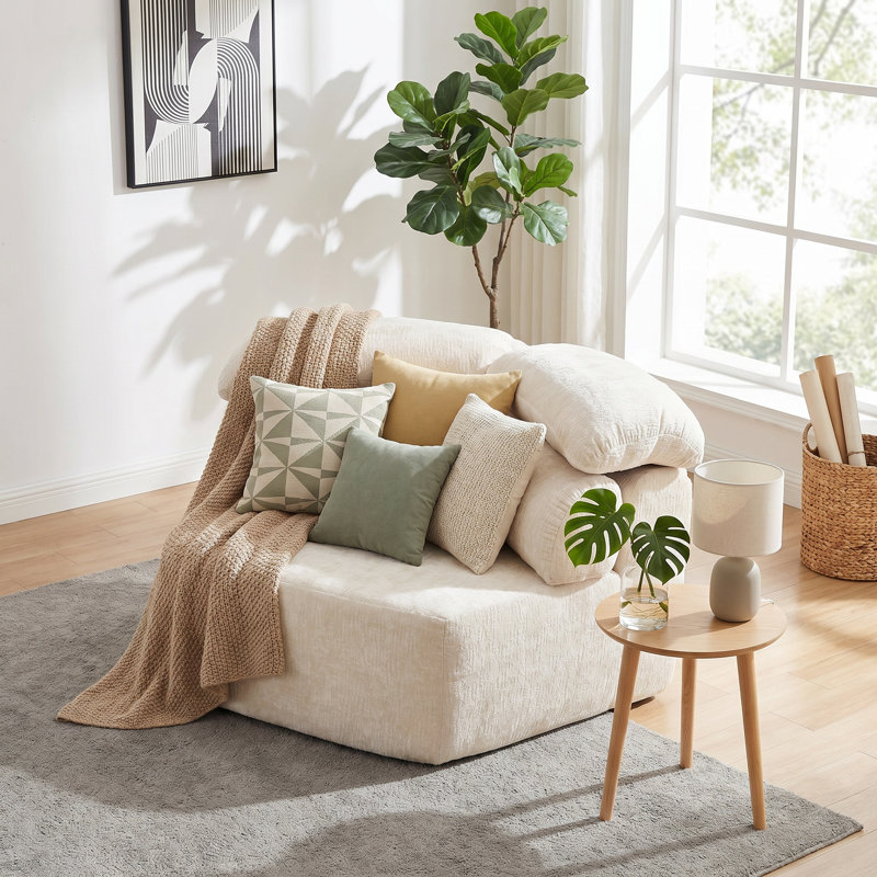 Méridienne moderne 53 po à une place, canapé enveloppant en chenille de conception pentagonale, fauteuil d'appoint modulaire avec 3 coussins, siège en mousse et ressorts de forme nuage, base antidérapante