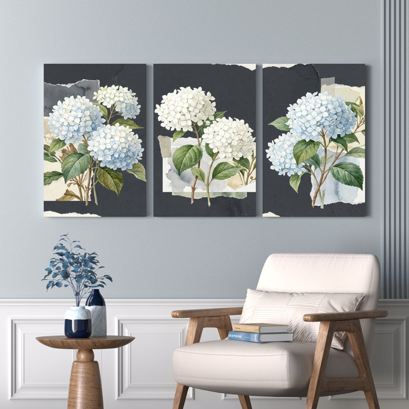 Ensemble de 3 tableaux muraux sur toile à motif floral d'hortensias, pour la décoration du salon et de la chambre.