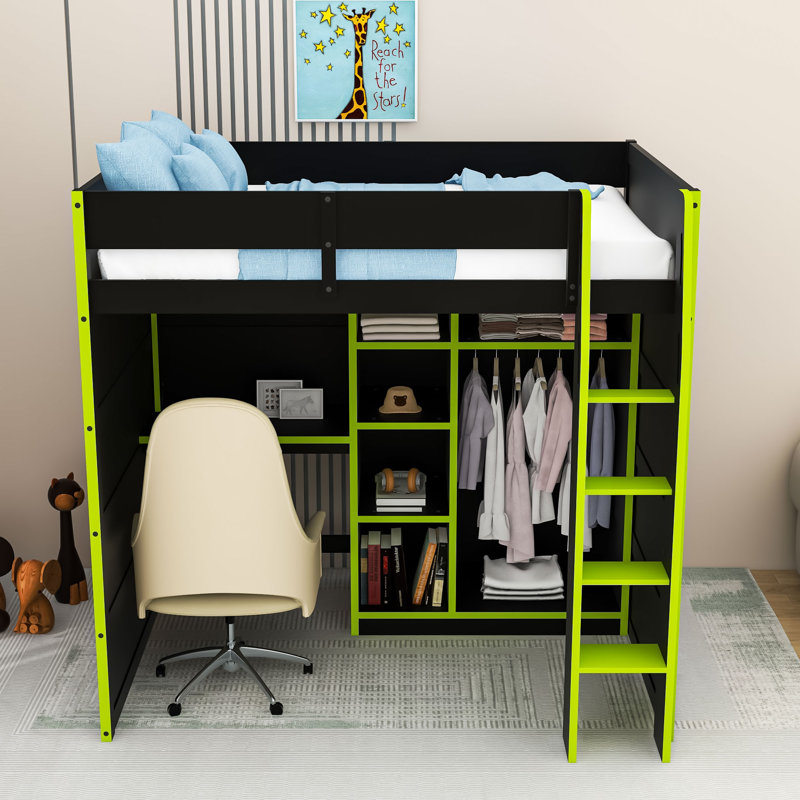 Lit mezzanine avec bureau, garde-robe et lumières RVB, Vert
