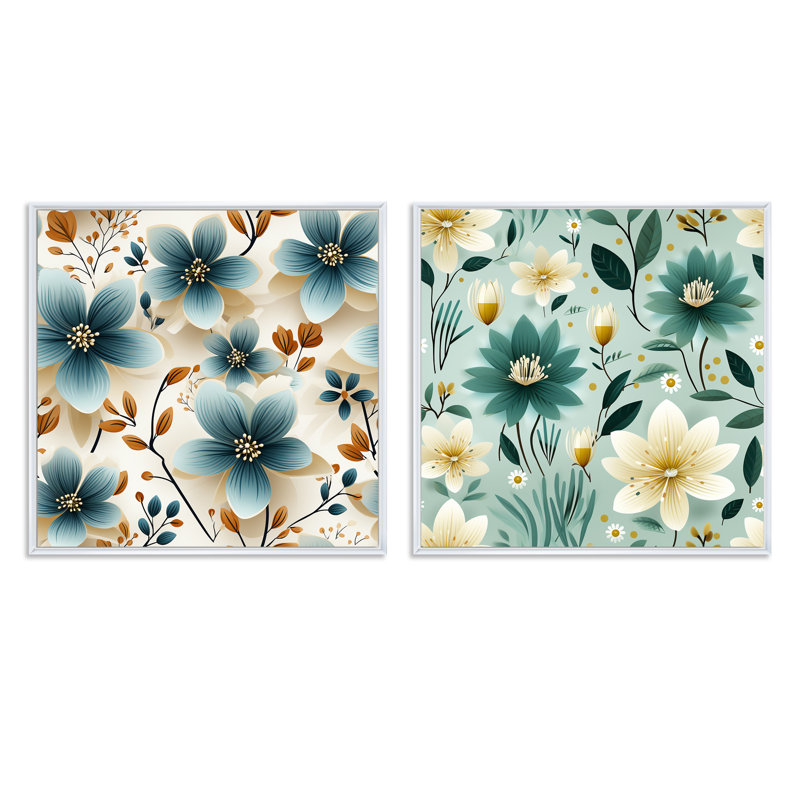 Brooklet - Ensemble de 2 collages carrés floraux, Cadre flottant blanc, H 36 po x l 73 po