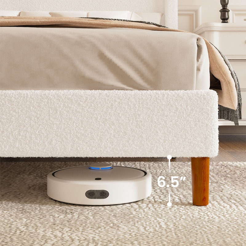Structure de très grand lit, lit plateforme tapissier avec tête de lit à oreilles Boucle, support de lattes en bois robuste, sommier anti-bruit sans sommier, assemblage facile, blanc